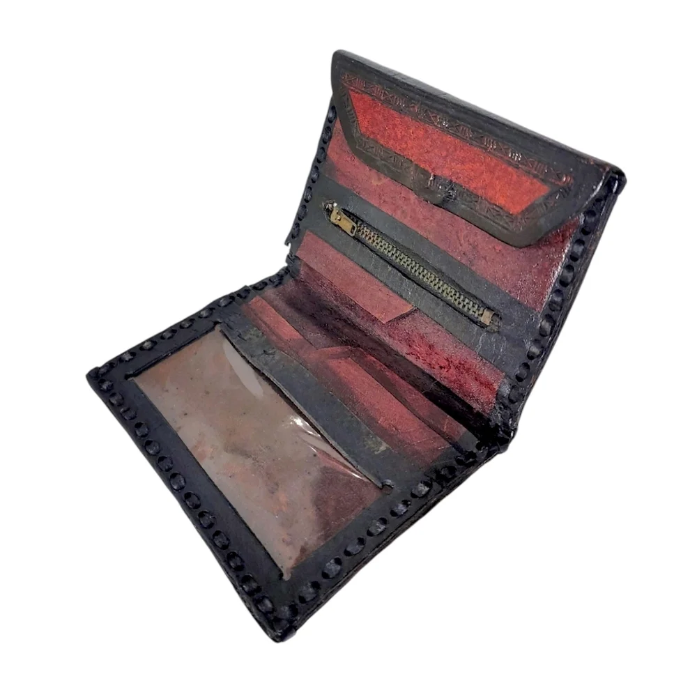 Handcrafted Hand-Tooled Leather Red Orange Bi Fold Western Snap Button Wallet
